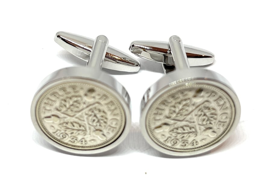 1934 Silver Threepence Cufflinks 92nd birthday. Original Silver threepence coin
