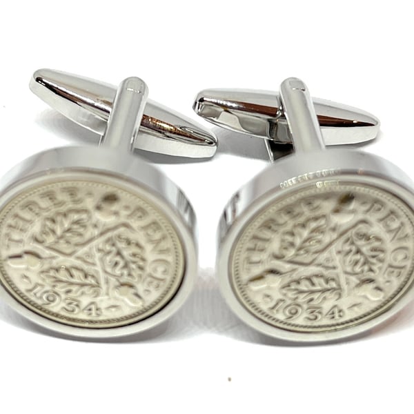 1934 Silver Threepence Cufflinks 92nd birthday. Original Silver threepence coin