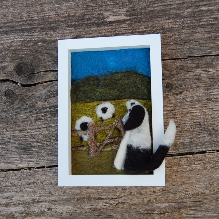  Needle felt picture - Border Collie  sheepdog puppy watching  sheep .  