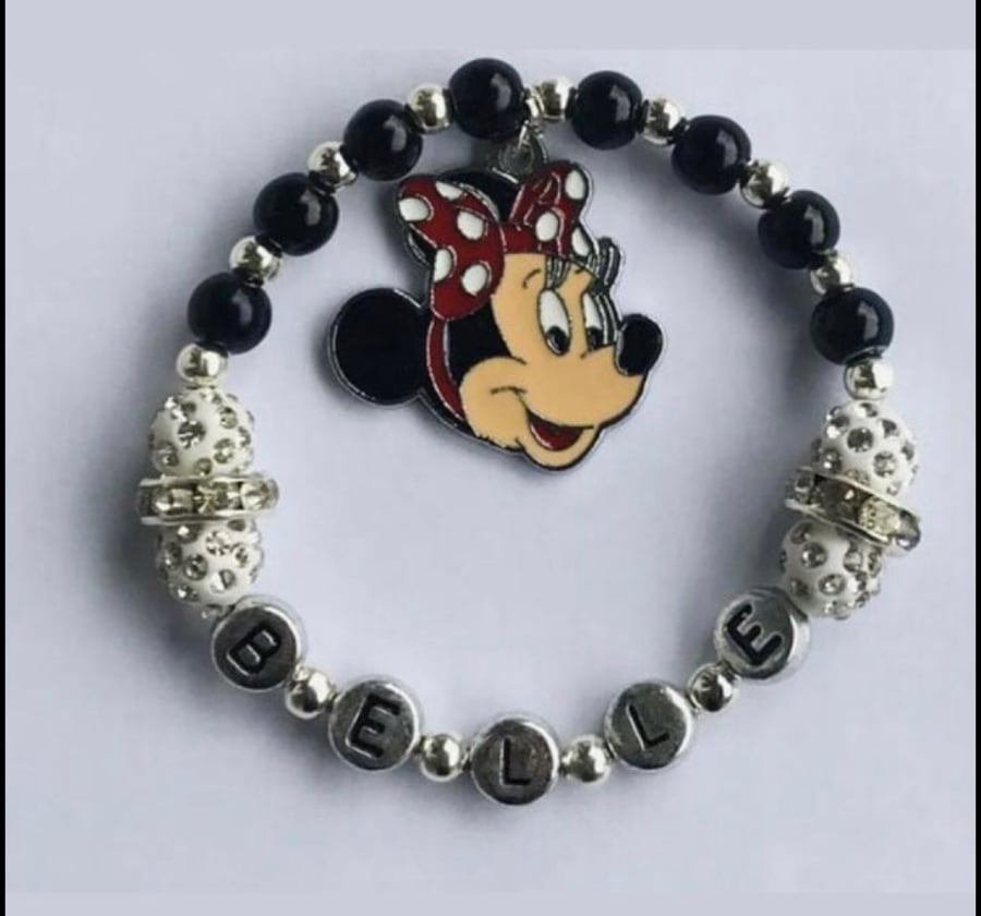 Black minnie mouse stretch beaded personalised bracelet 