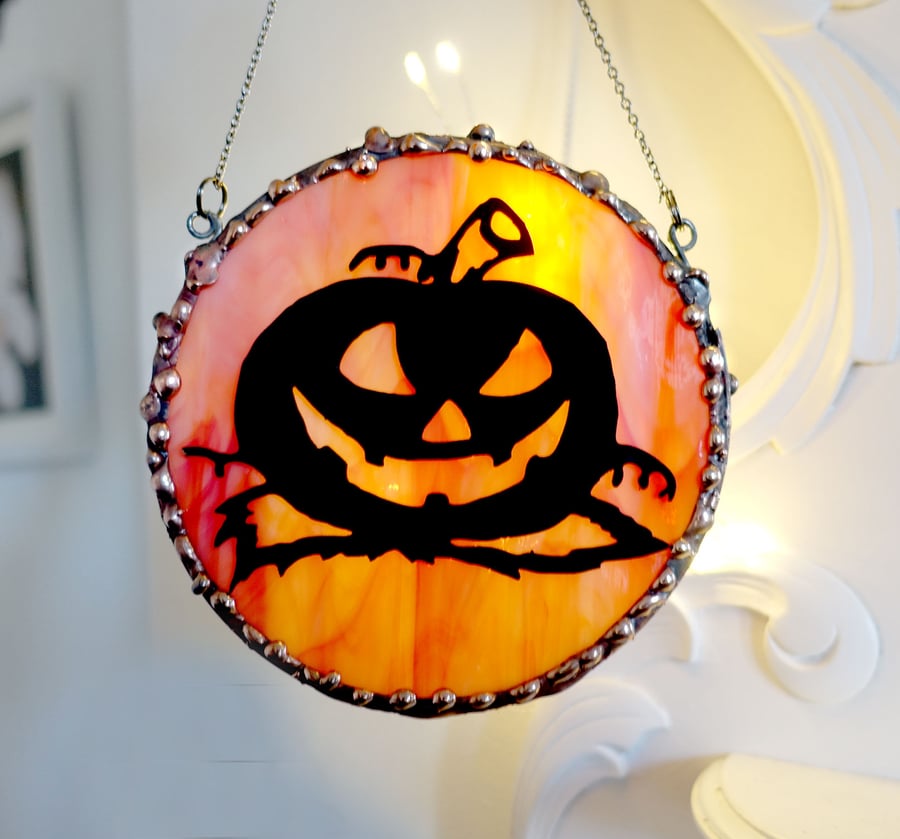 Halloween  Silhouette Pumpkin on Orange  Stained Glass  Suncatcher 