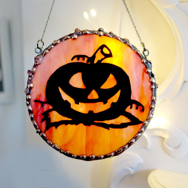 Halloween  Silhouette Pumpkin on Orange  Stained Glass  Suncatcher 