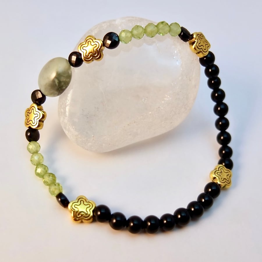 AAA Peridot And AAA Spinel Bracelet With Prehnite And Onyx - Handmade In Devon.
