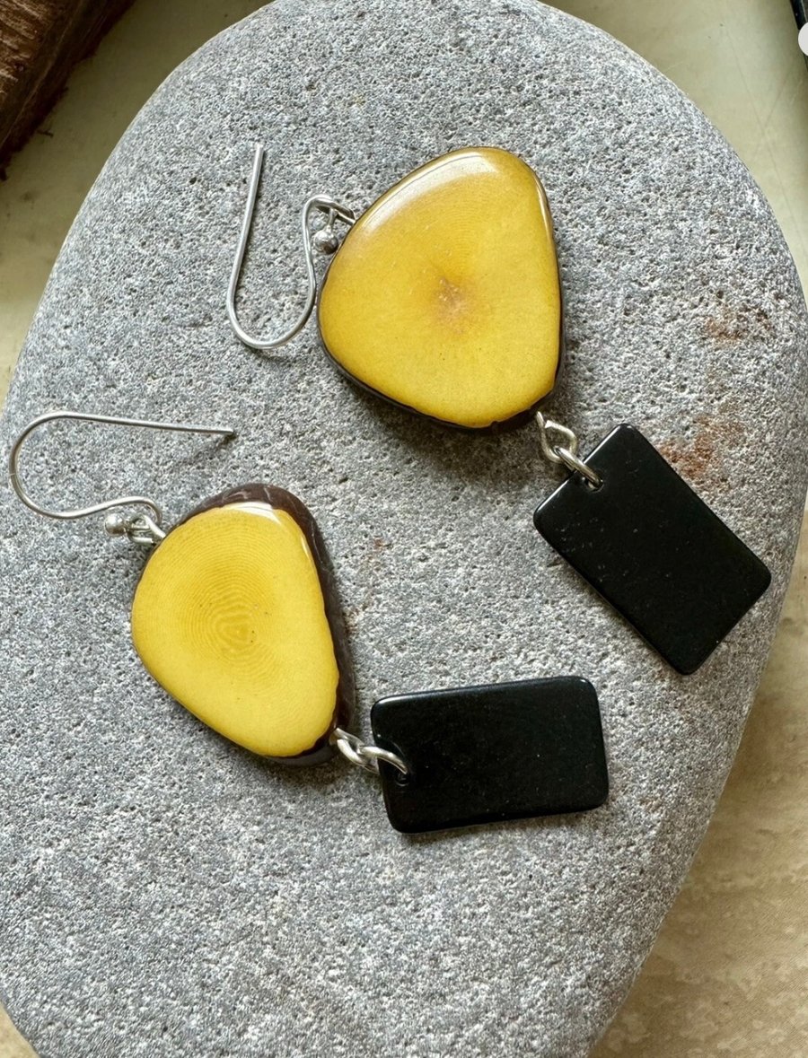 Handmade unique yellow and black tagua nut dangle earrings