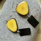 Handmade unique yellow and black tagua nut dangle earrings