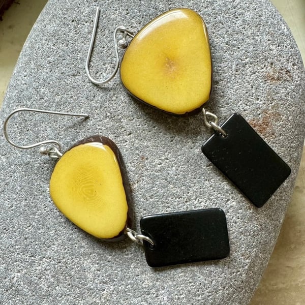 Handmade unique yellow and black tagua nut dangle earrings