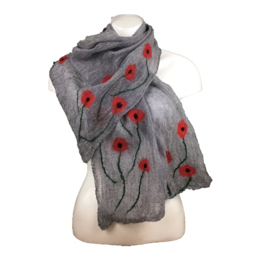 Lightweight scarf, nuno felted grey merino wool on silk with poppy design