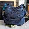 Denim Shoulder Tote Bag Large Shouder Bag with Teal Leather Star Motif