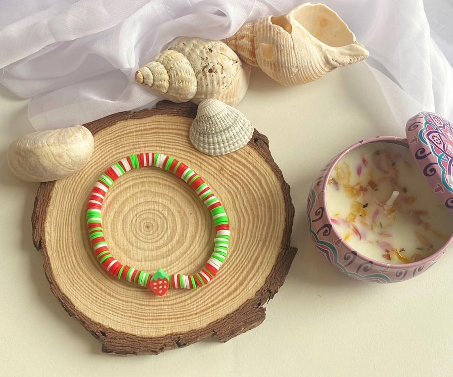 Strawberry Charm Bracelet Handmade Clay Bead Stretch Bracelet