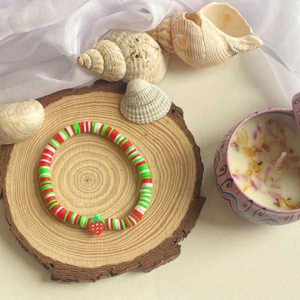 Strawberry Charm Bracelet Handmade Clay Bead Stretch Bracelet