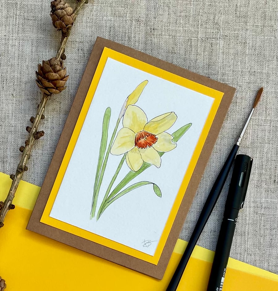 Blank greeting card, daffodil, hand painted original artwork. 