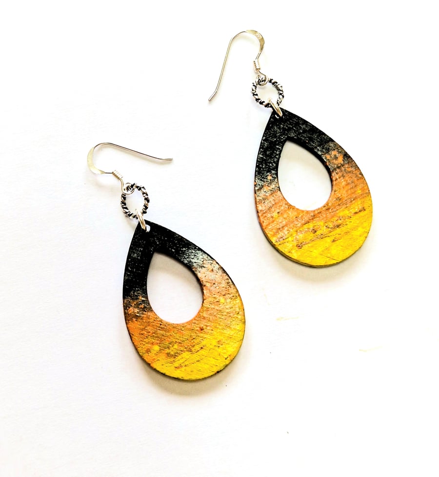 Summer Wooden Earrings, Hand Painted Abstract Design,Sterling Silver, Festivals