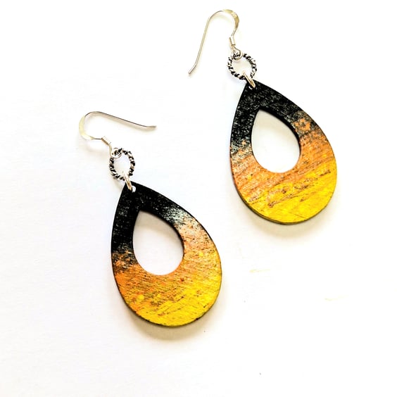 Summer Wooden Earrings, Hand Painted Abstract Design,Sterling Silver, Festivals