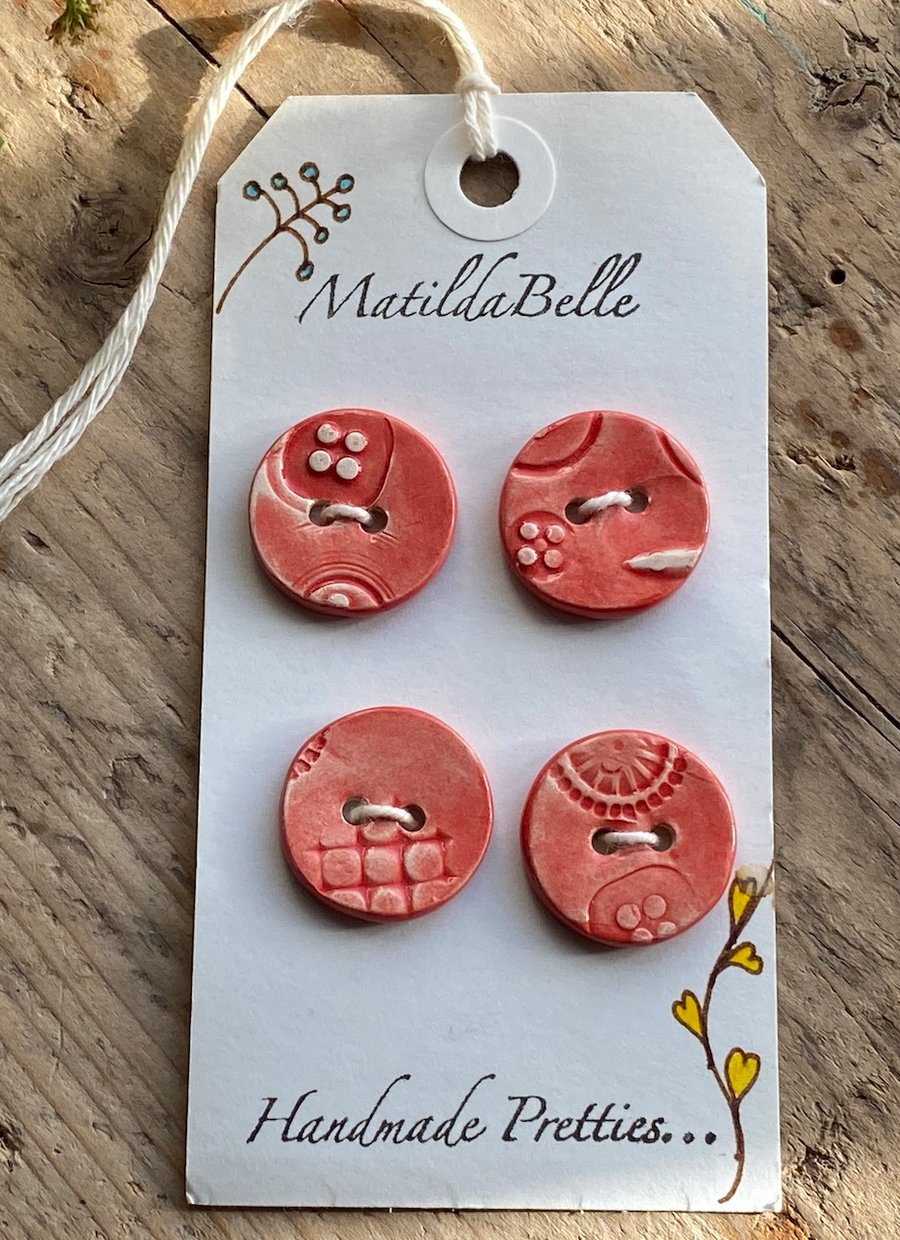 Buttons handmade pottery round red buttons set of four 