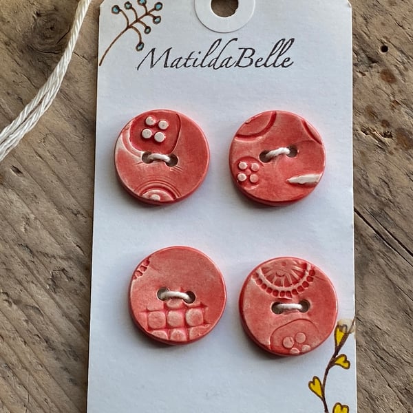 Buttons handmade pottery round red buttons set of four 