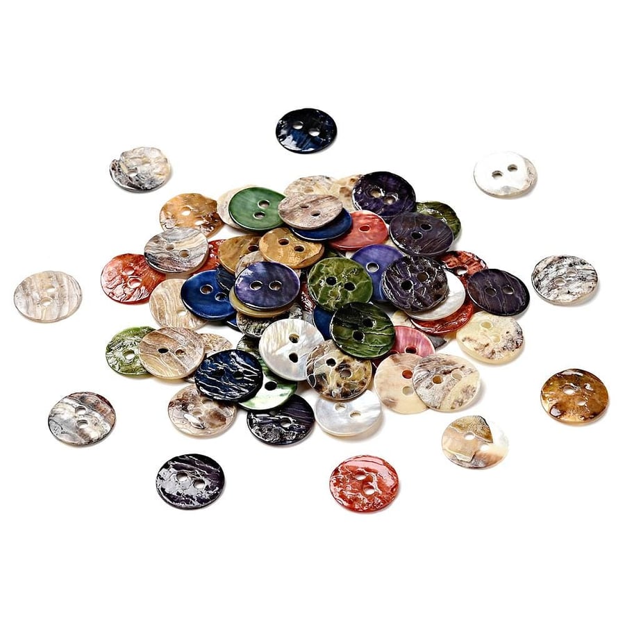 Mixed Round Mother Of Pearl Buttons - 10mm, 2-Hole - Packet of 25x for Sewing an