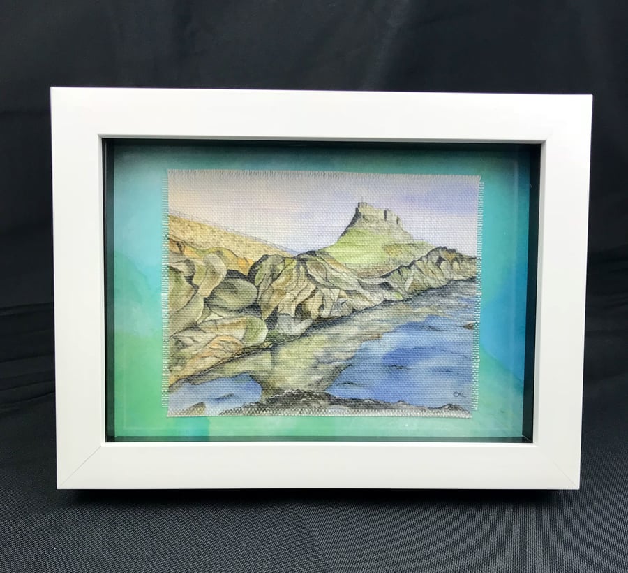 Framed Lindisfarne Castle Watercolour Textile Picture