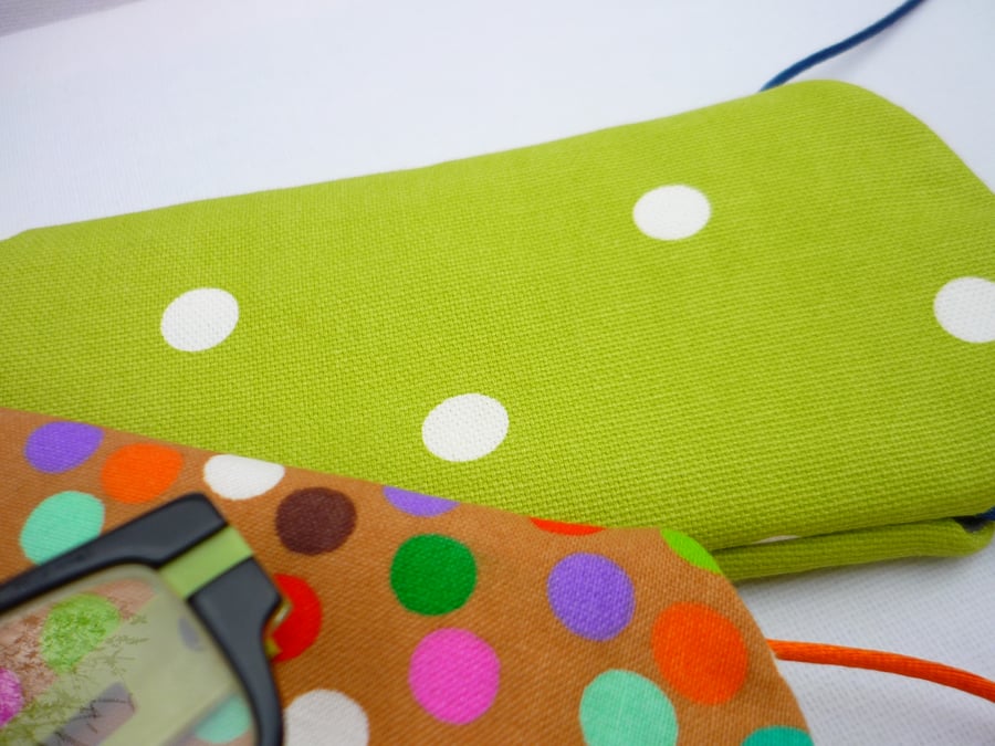Wearable Glasses Case HANDMADE LIME GREEN With POLKA DOTS Fabric on cord