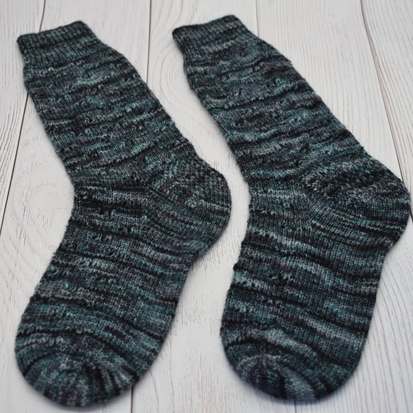 Hand Knitted Wool Socks – Charcoal Grey and Teal - UK 7-9