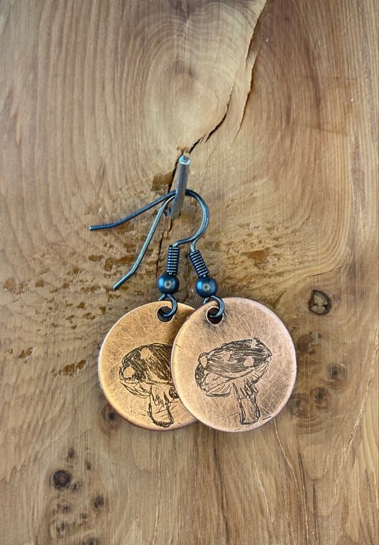 Mushroom - Handmade Etched Copper Earrings SMALL