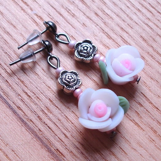 White Rose Polymer Clay Flower Stud Earrings