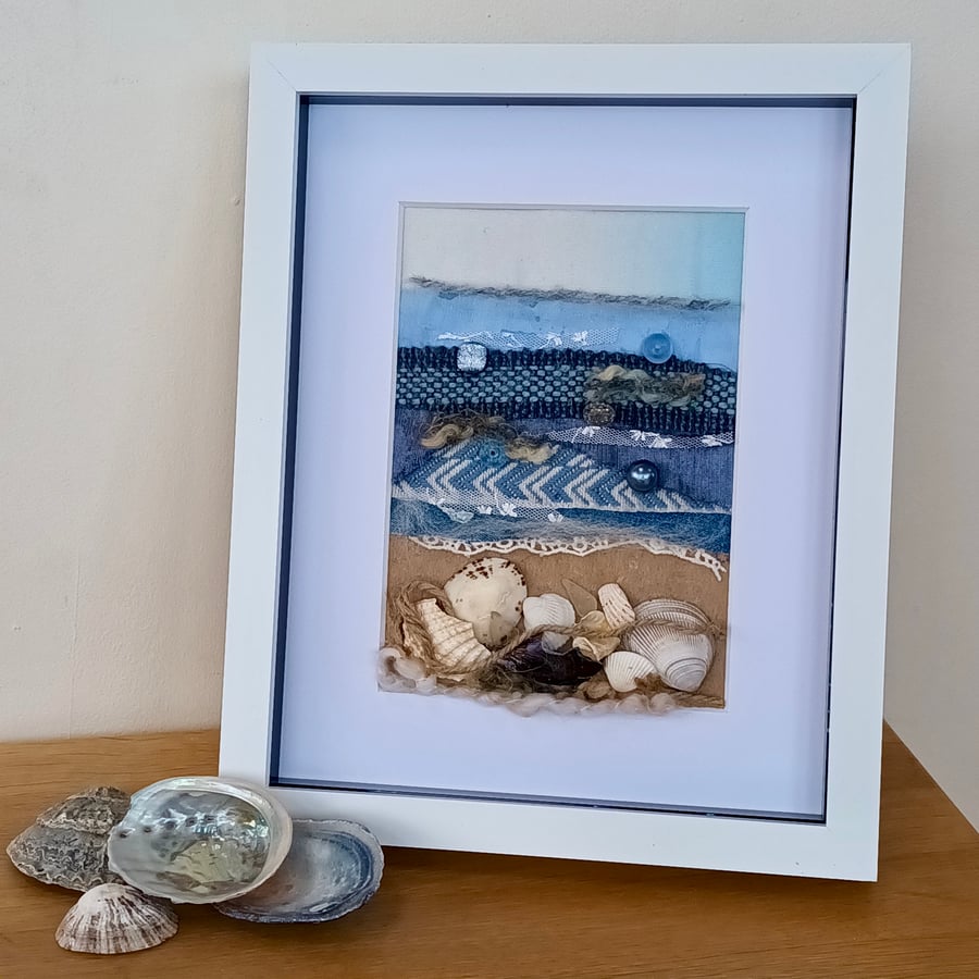 Deep blue sea beach coastal abstract seascape collage art  10" x 8"