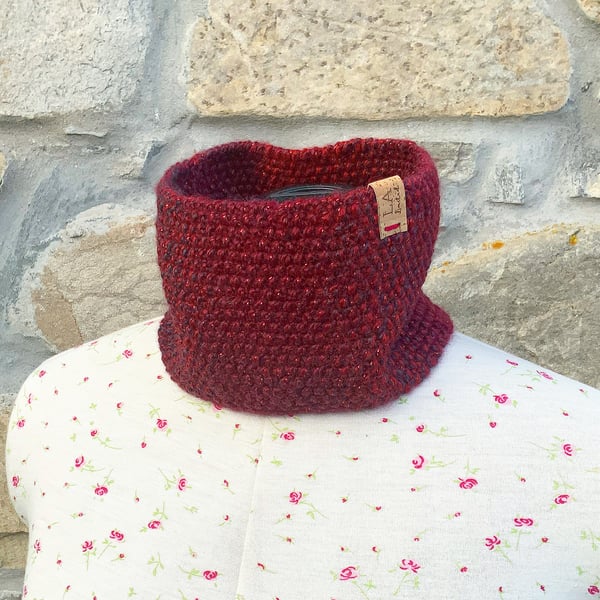 Sparkling Hand Knitted Neck Warmer. Cowl. Scarf. Infinity Scarf. Red Scarf.