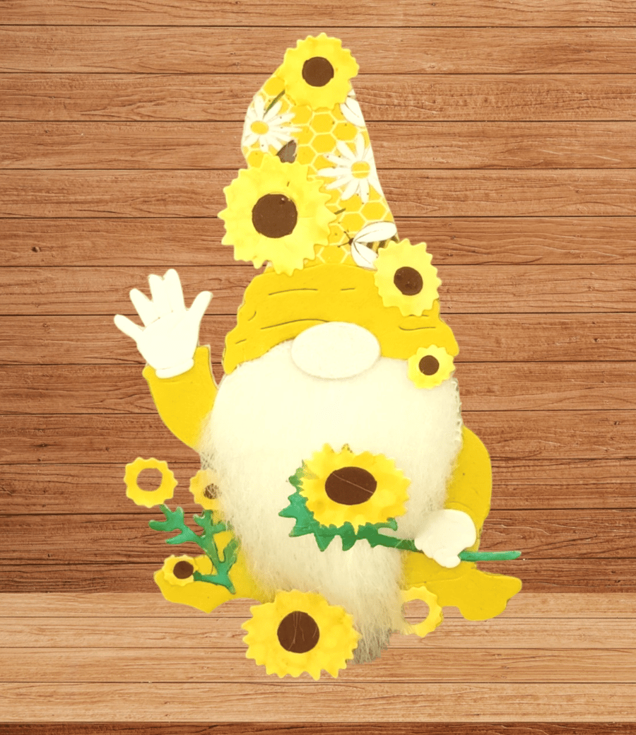Enchanting gnome sunflower card topper with fluffy beards.
