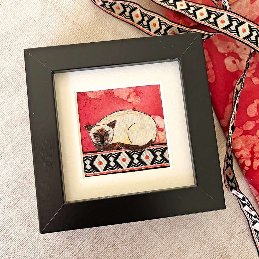 Tiny textile artwork of a Siamese cat, gift for cat lover, fabric cat