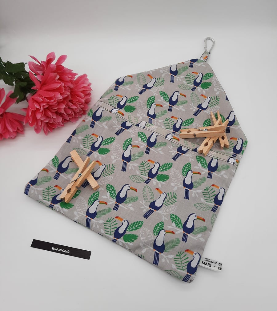 Peg bag,  clip on, toucan cotton,  free uk delivery.  