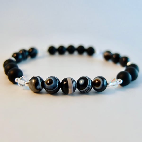 Banded Black Onyx Bracelet With Swarovski Crystals - Handmade In Devon