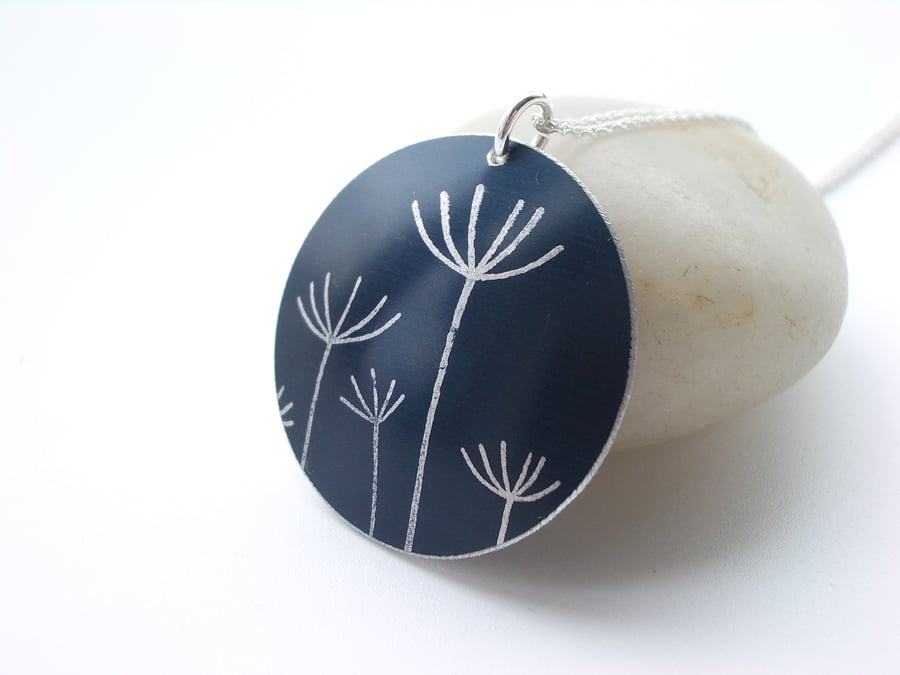 Dandelion seed pendant necklace in black and silver
