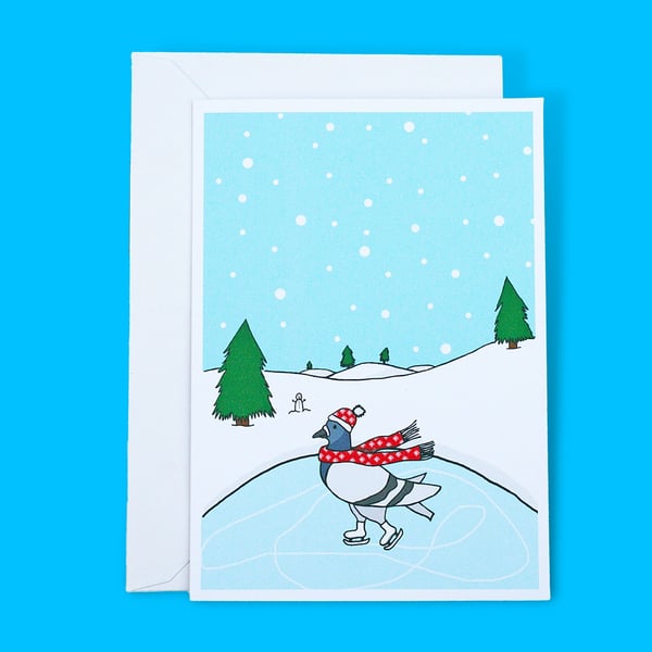 Christmas Skating Pigeon Illustration A6 Greetings Card