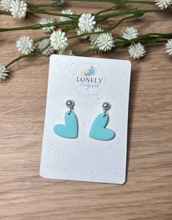 Mint Green Heart Polymer Clay Earrings, Lightweight Handmade Earrings 