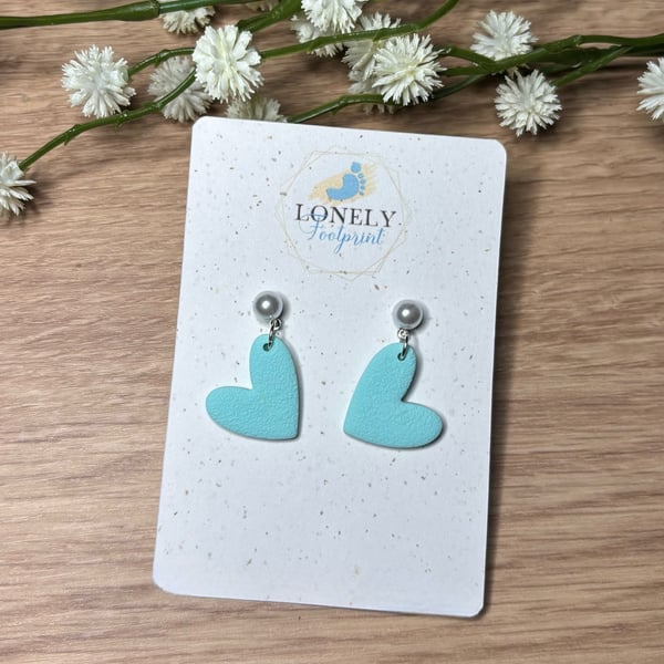 Mint Green Heart Polymer Clay Earrings, Lightweight Handmade Earrings 