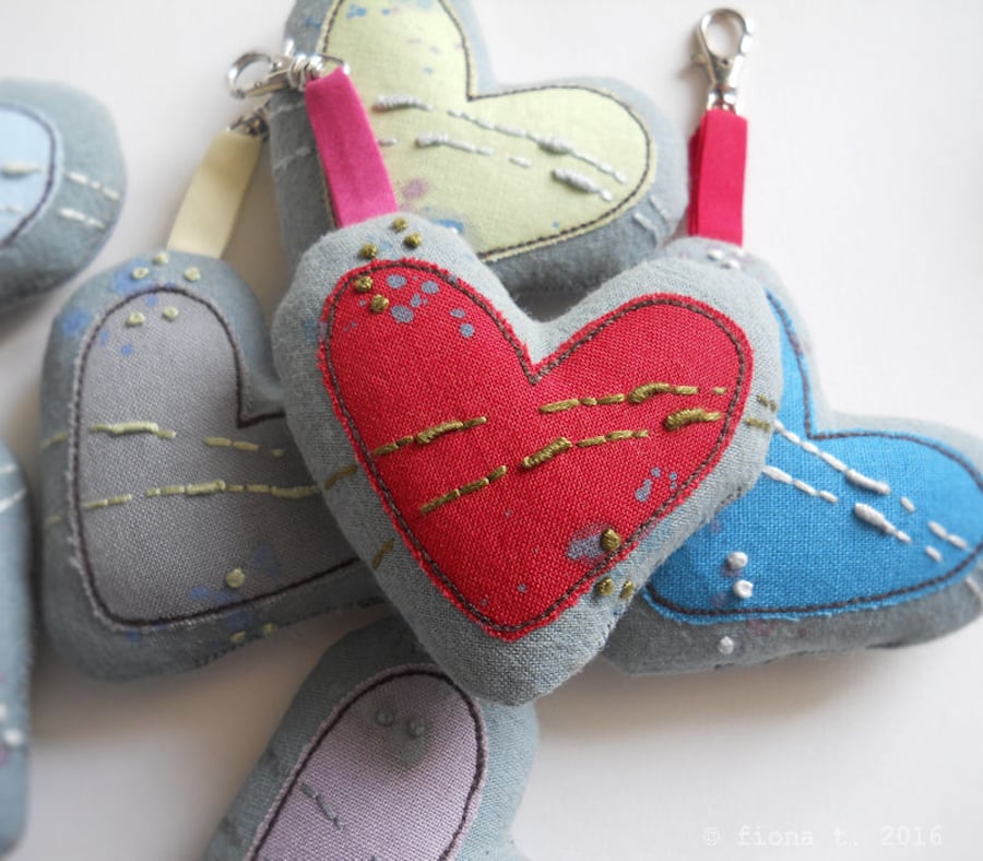 hand embroidered heart bag charm - red