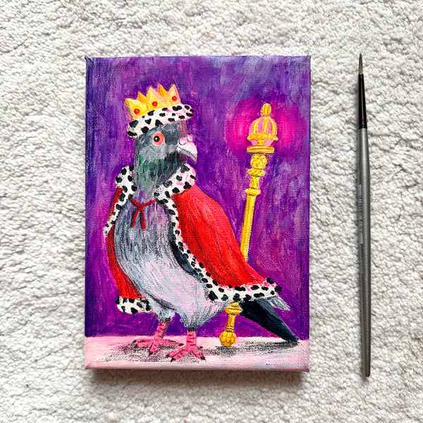 Original Pigeon King Canvas Painting - Mixed media Painting - One of a kind
