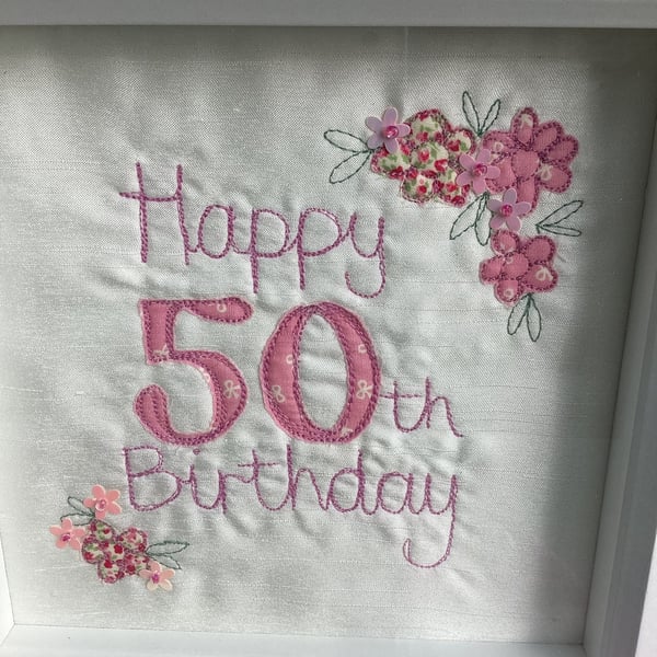 Happy 50th Birthday embroidered picture.
