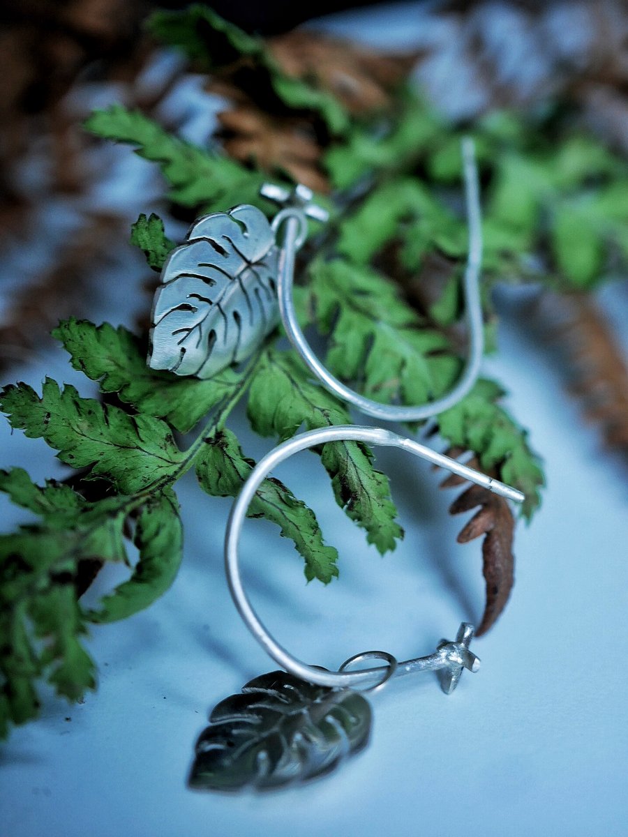 Eco Silver Monstera Leaf and Cross Hoop Earrings 
