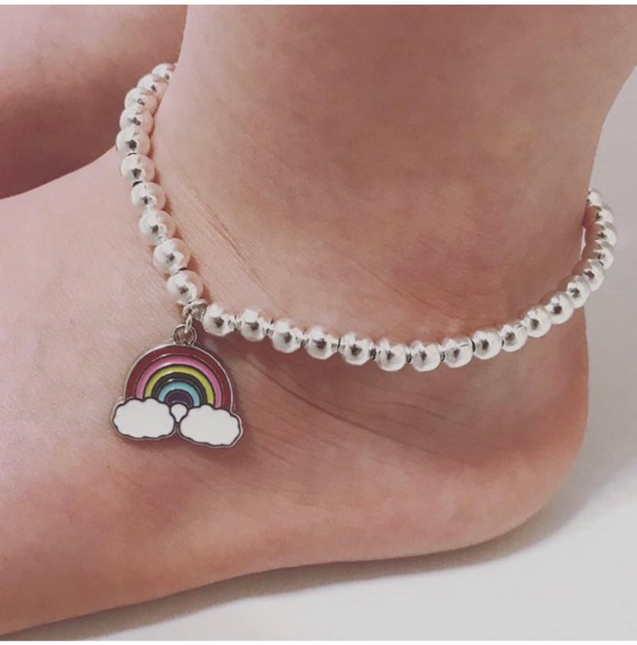 Silver beaded rainbow charm Anklet stretch beaded adults and children gift 