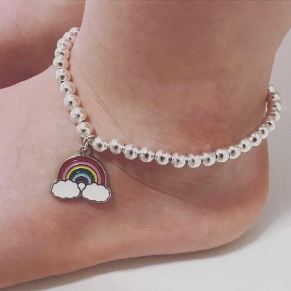 Silver beaded rainbow charm Anklet stretch beaded adults and children gift 