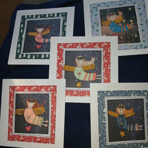 Folk art whimsical quirky illustratedangels set of five handmade Christmas cards