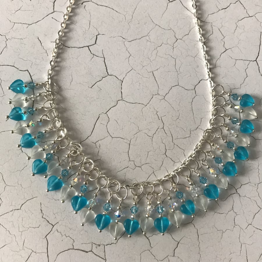 Aqua Blue Swarovski Element Heart Beaded Necklace