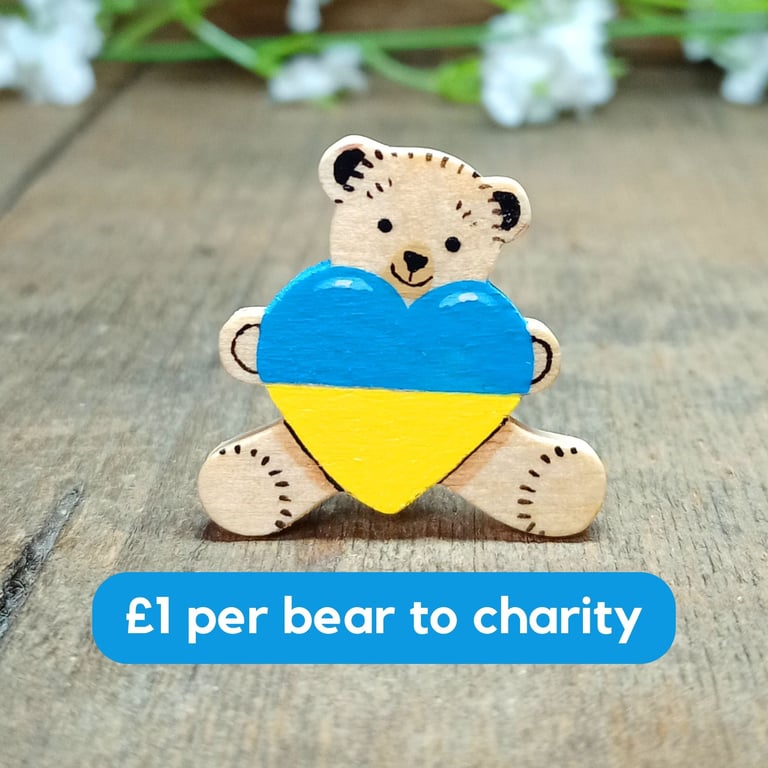 Ukraine Pin, Charity Donation, Handmade Ukranian Flag Bear Heart Brooch
