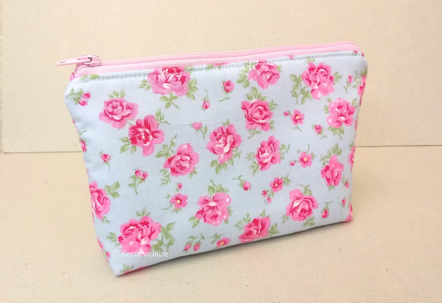 SALE 20% OFF, Make up bag in blue with pink flowers