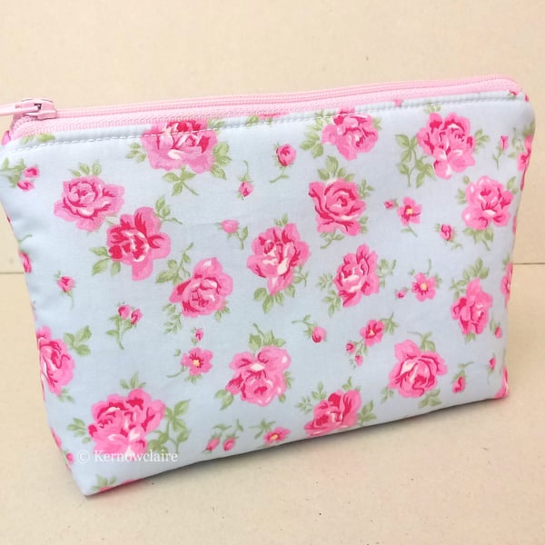 SALE 20% OFF, Make up bag in blue with pink flowers