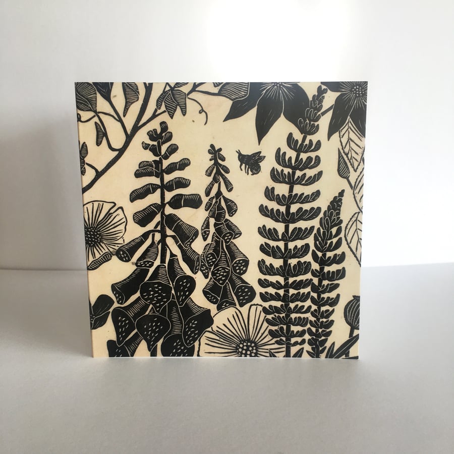 Greeting Card - Linocut Print - Blank Inside - Flowers