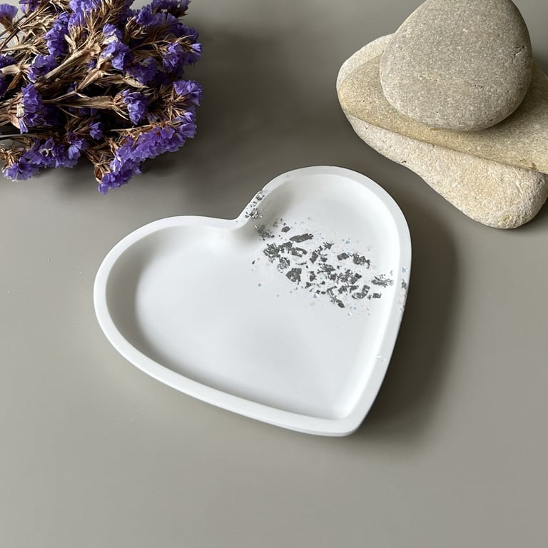 White Heart Shaped Tray with Silver Leaf and Rose Quartz