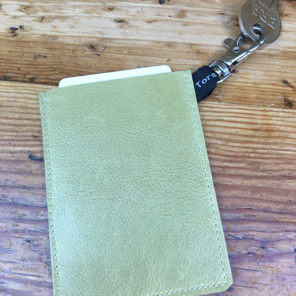 Card holder, Olive green leather, travel card, Travel pass holder with key clip