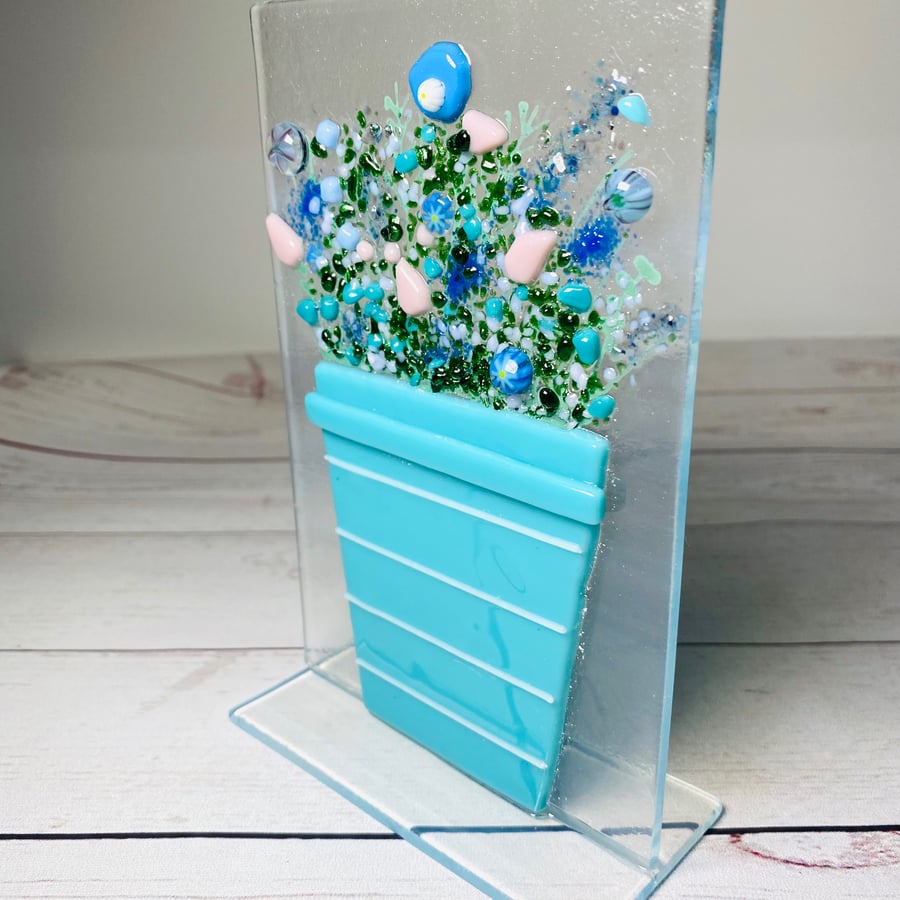  Turquoise Fused glass flower pot ornament 